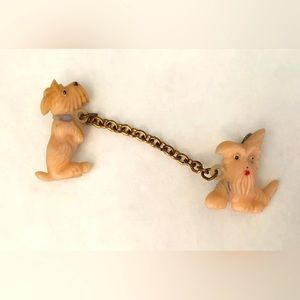 Vintage 1930s Pink Scottie Dogs Connected on Chain Celluloid Plastic Brooch Pin